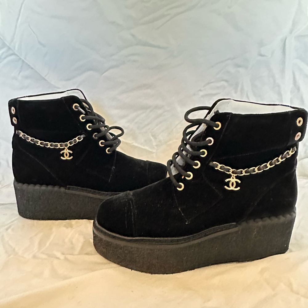 CHANEL black velvet boots size 6 narrow